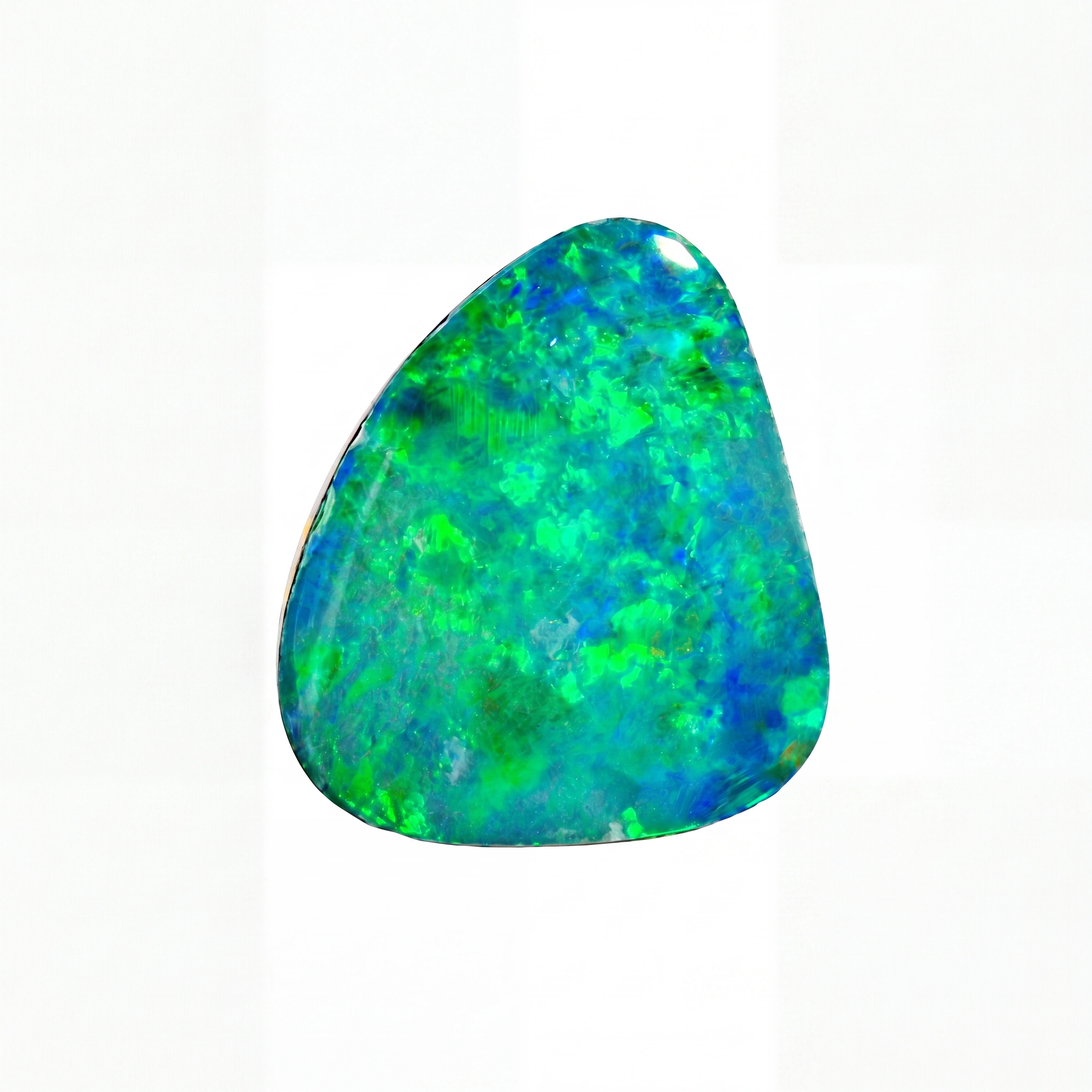 A polished triangular opal stone with a mottled pattern of blue, green, and dark grey, isolated on a solid white background.