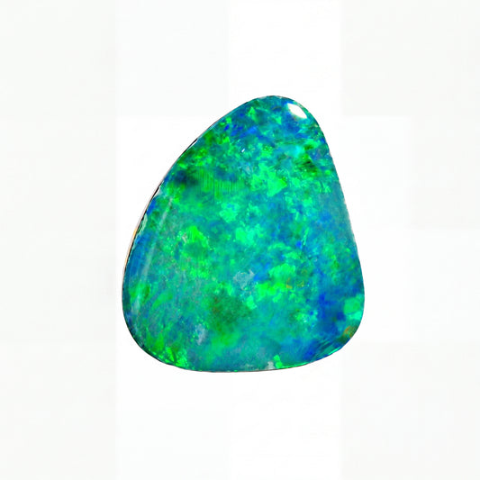 A polished triangular opal stone with a mottled pattern of blue, green, and dark grey, isolated on a solid white background.