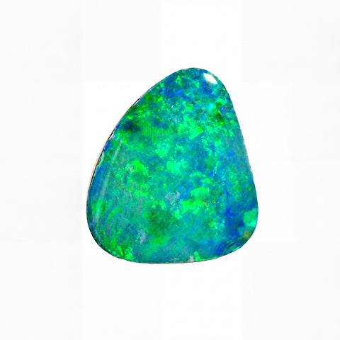 A polished triangular opal stone with a mottled pattern of blue, green, and dark grey, isolated on a solid white background.