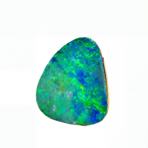 A triangular opal stone with vibrant green and blue play-of-colour, set in a gold bezel setting against a plain white background.