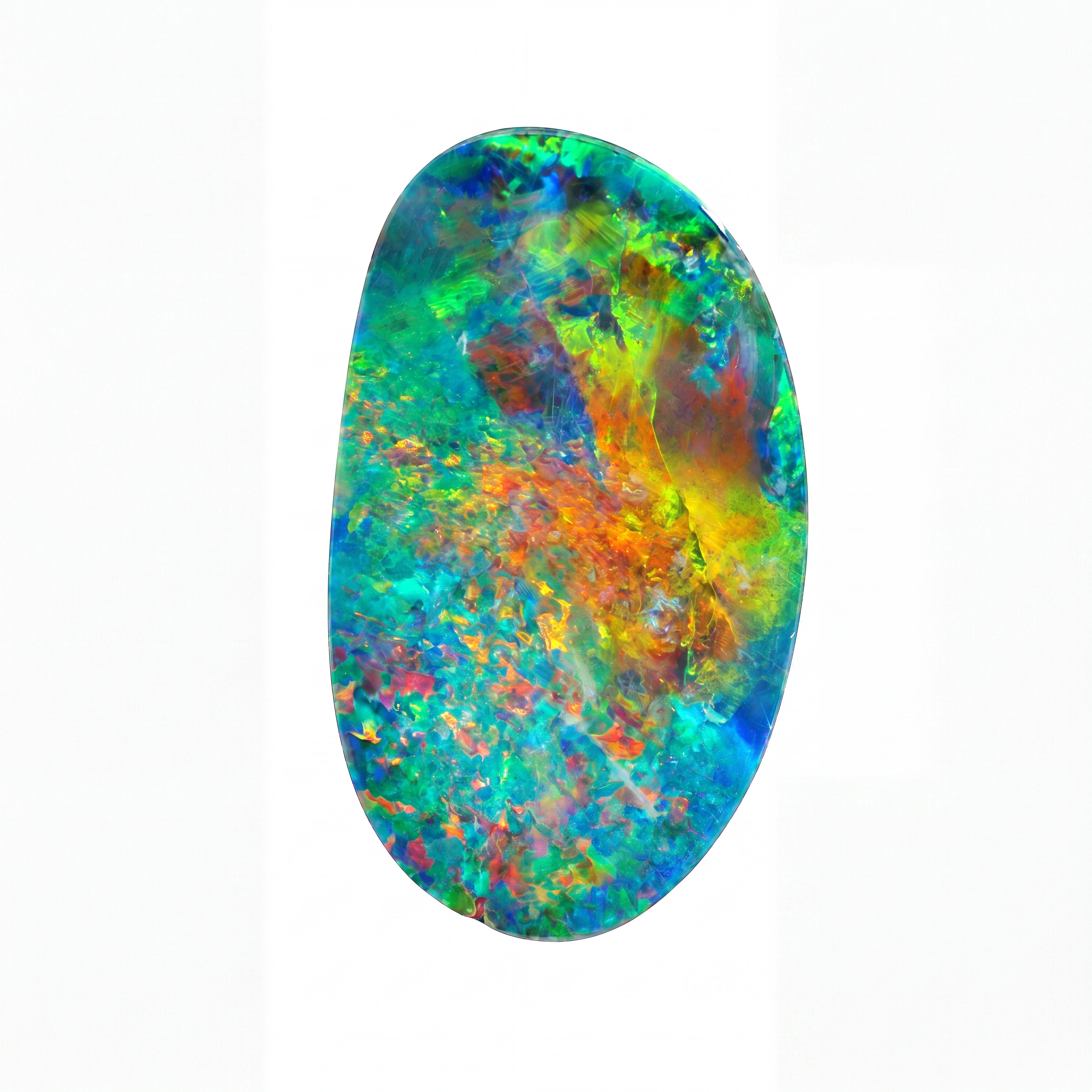 A vibrant, irregularly shaped natural opal gemstone displaying a brilliant play of blue, green, orange, yellow, and red colours on a solid white background.