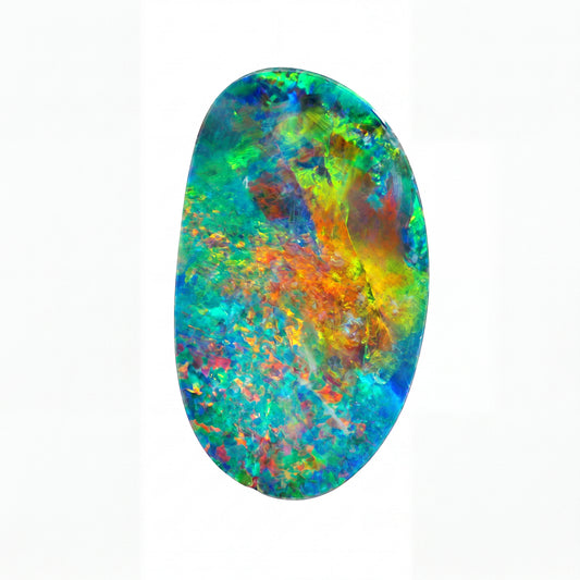A vibrant, irregularly shaped natural opal gemstone displaying a brilliant play of blue, green, orange, yellow, and red colours on a solid white background.