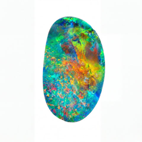 A vibrant, irregularly shaped natural opal gemstone displaying a brilliant play of blue, green, orange, yellow, and red colours on a solid white background.