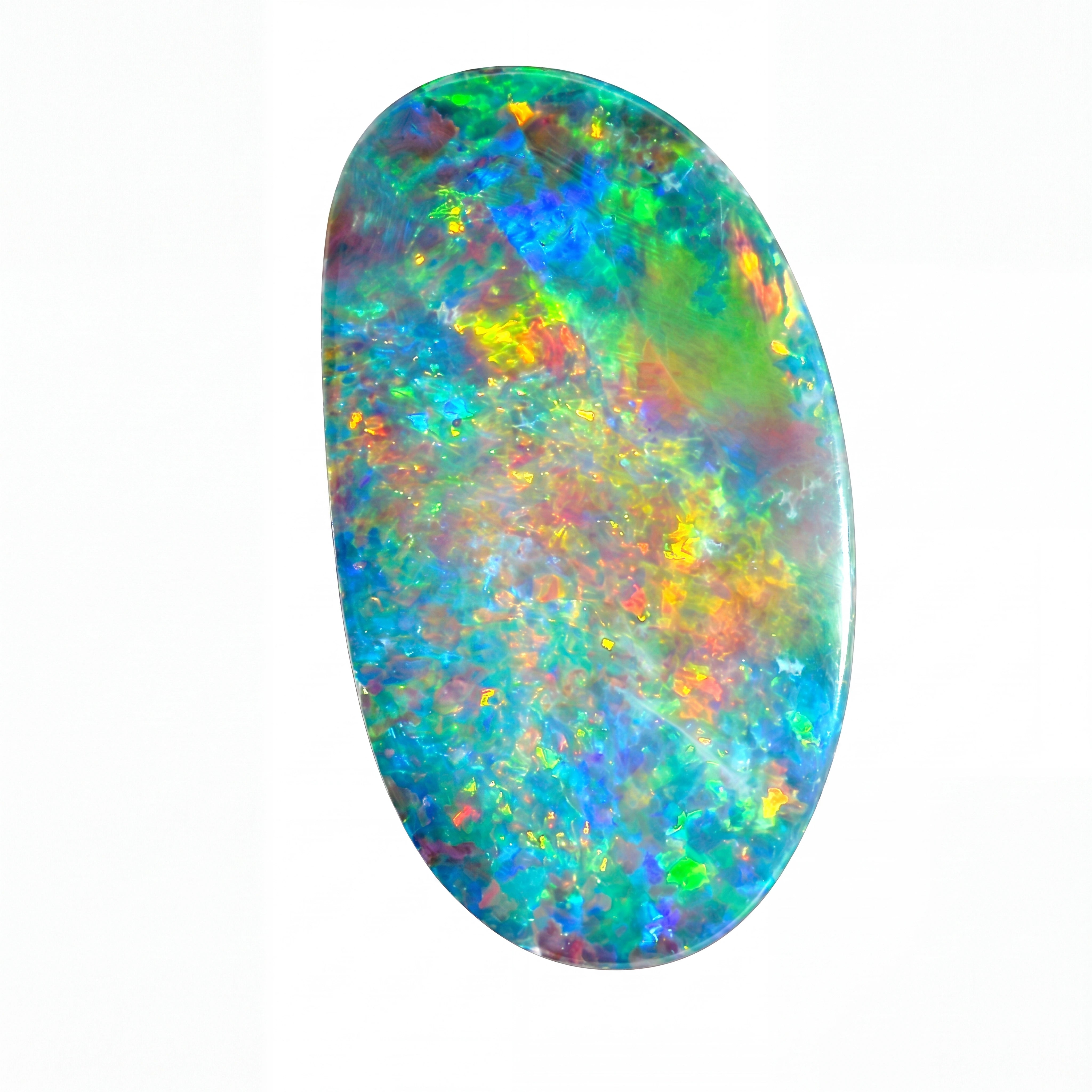 A polished oval opal gemstone displaying a vibrant play-of-colour with blue, green, orange, yellow, and purple flashes on a clean white background.