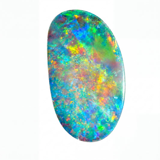 A polished oval opal gemstone displaying a vibrant play-of-colour with blue, green, orange, yellow, and purple flashes on a clean white background.