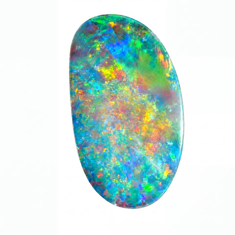 A polished oval opal gemstone displaying a vibrant play-of-colour with blue, green, orange, yellow, and purple flashes on a clean white background.