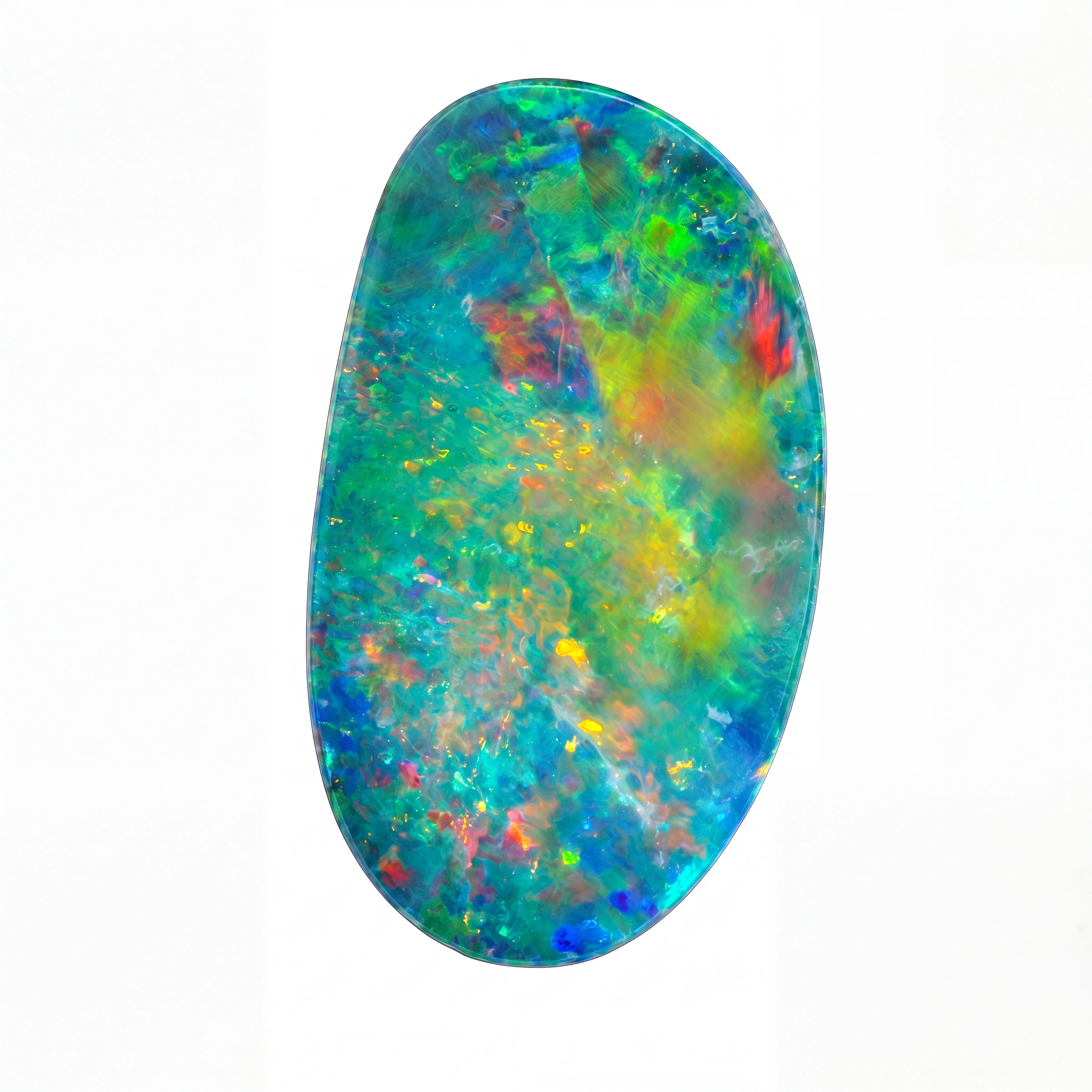 A polished oval opal gemstone displaying a vibrant play-of-colour with blue, green, yellow, and red iridescent hues on a solid white background.