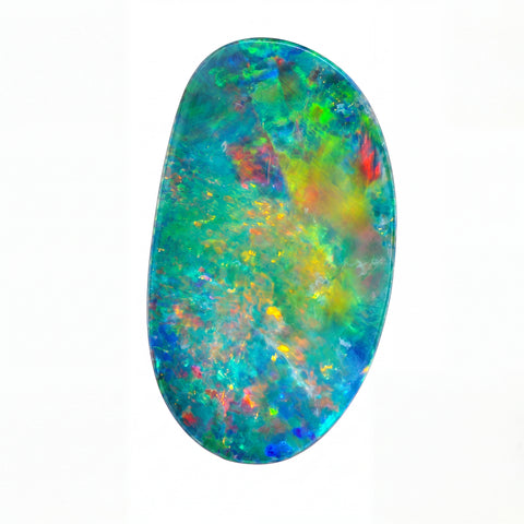 A polished oval opal gemstone displaying a vibrant play-of-colour with blue, green, yellow, and red iridescent hues on a solid white background.