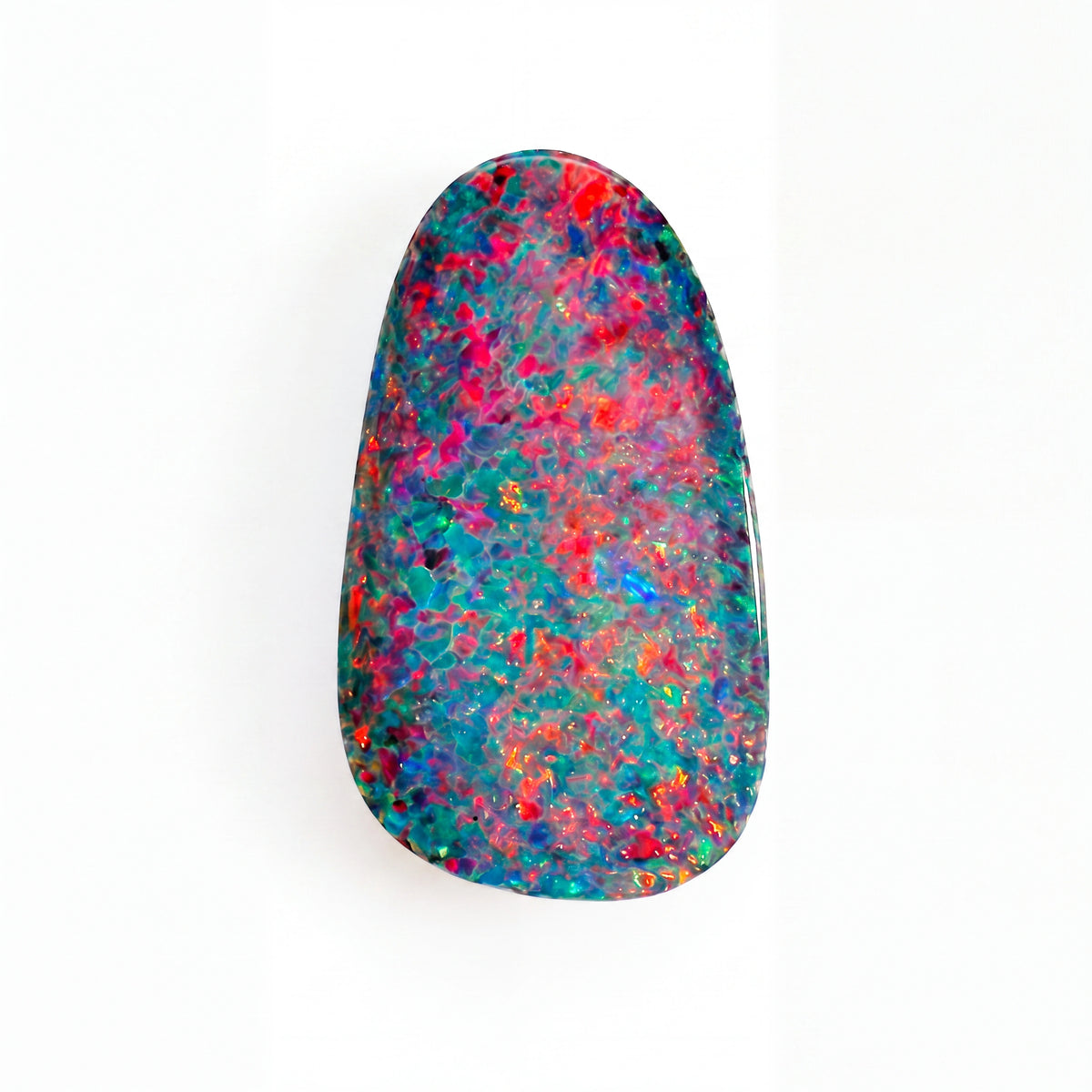 A teardrop-shaped opal gemstone with a vibrant, multicoloured play-of-colour pattern featuring turquoise, pink, red, and blue, displayed on a clean white background.