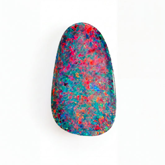 A teardrop-shaped opal gemstone with a vibrant, multicoloured play-of-colour pattern featuring turquoise, pink, red, and blue, displayed on a clean white background.