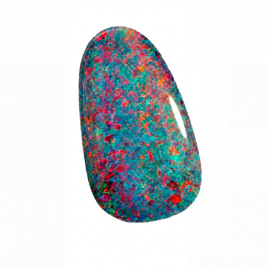 A polished irregular-shaped opal gemstone displaying a vibrant multicolour play-of-colour with teal, blue, red, orange, and green flashes on a solid white background.