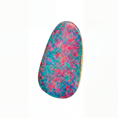 A polished teardrop-shaped opal gemstone featuring a vibrant multicolour play-of-colour pattern with bright pink, teal blue, and green hues, displayed on a clean white background.