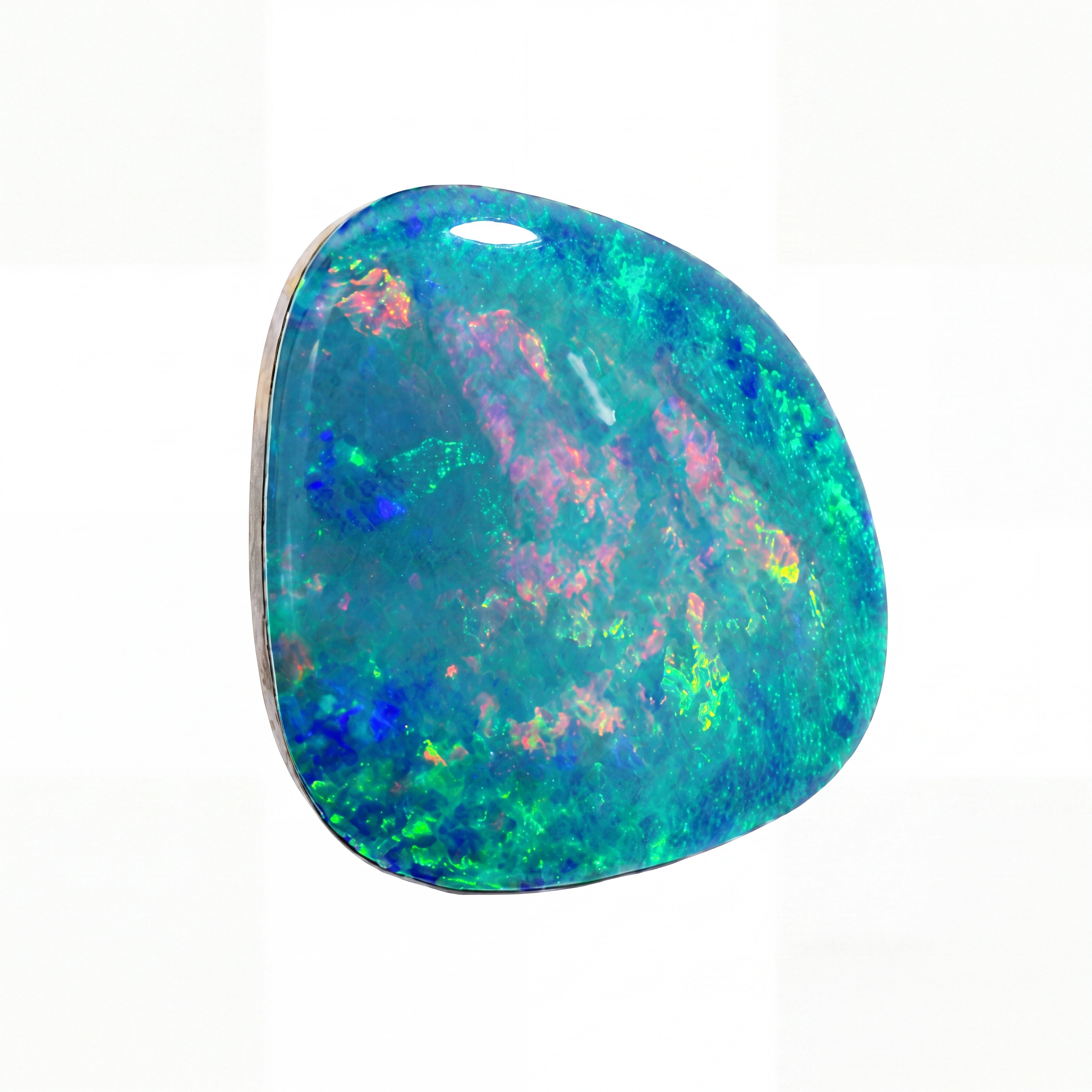 A polished tumbled opal gemstone with vibrant blue, green, and pink iridescent play-of-colour, set in a silver bezel on a white background.