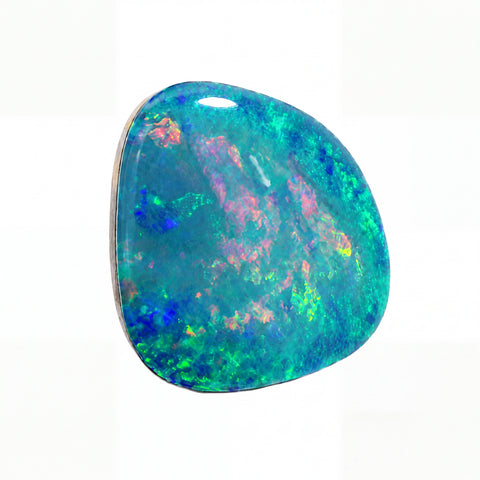 A polished tumbled opal gemstone with vibrant blue, green, and pink iridescent play-of-colour, set in a silver bezel on a white background.
