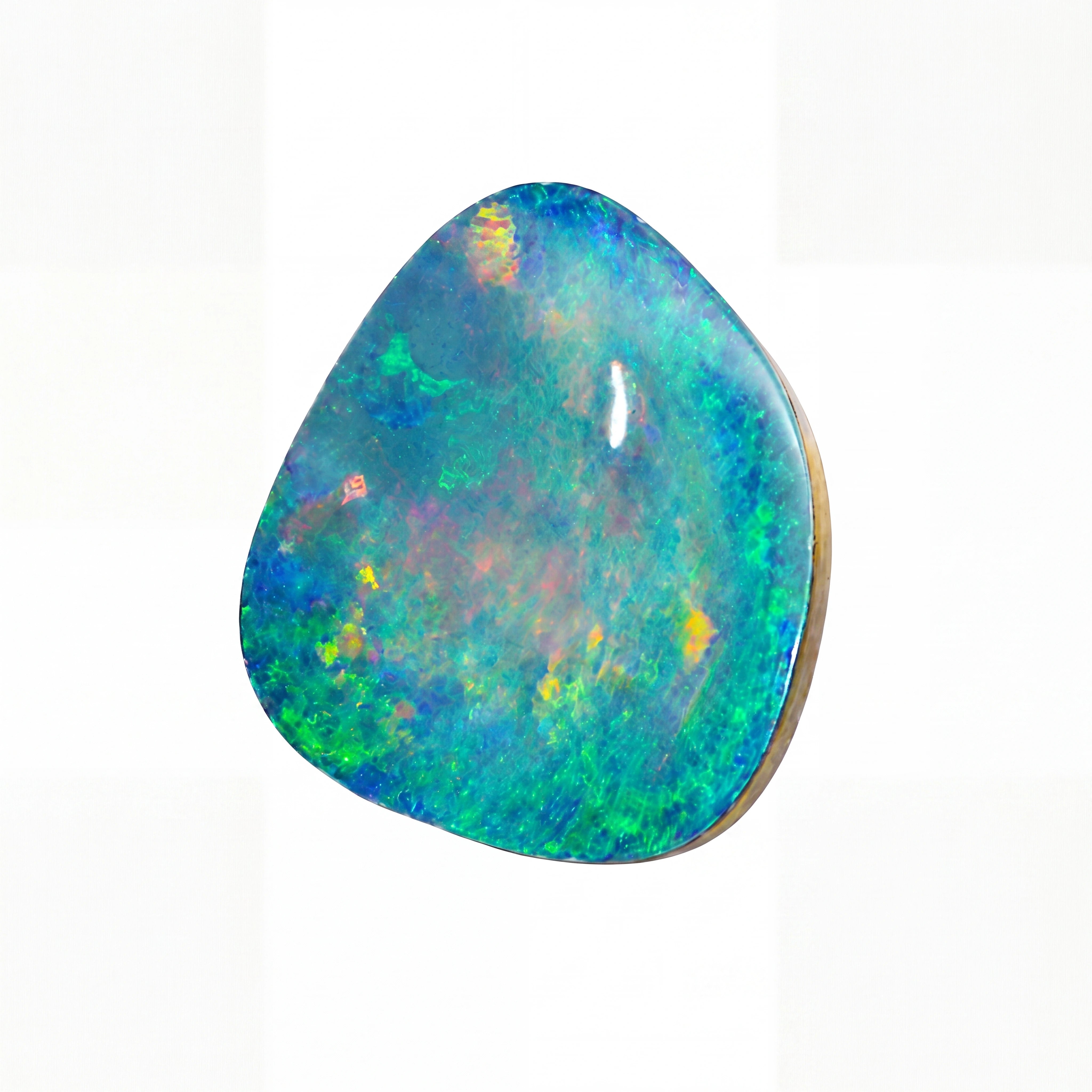 A polished teardrop-shaped natural opal gemstone displaying vibrant iridescent colours of blue, green, orange, and yellow on a white background.