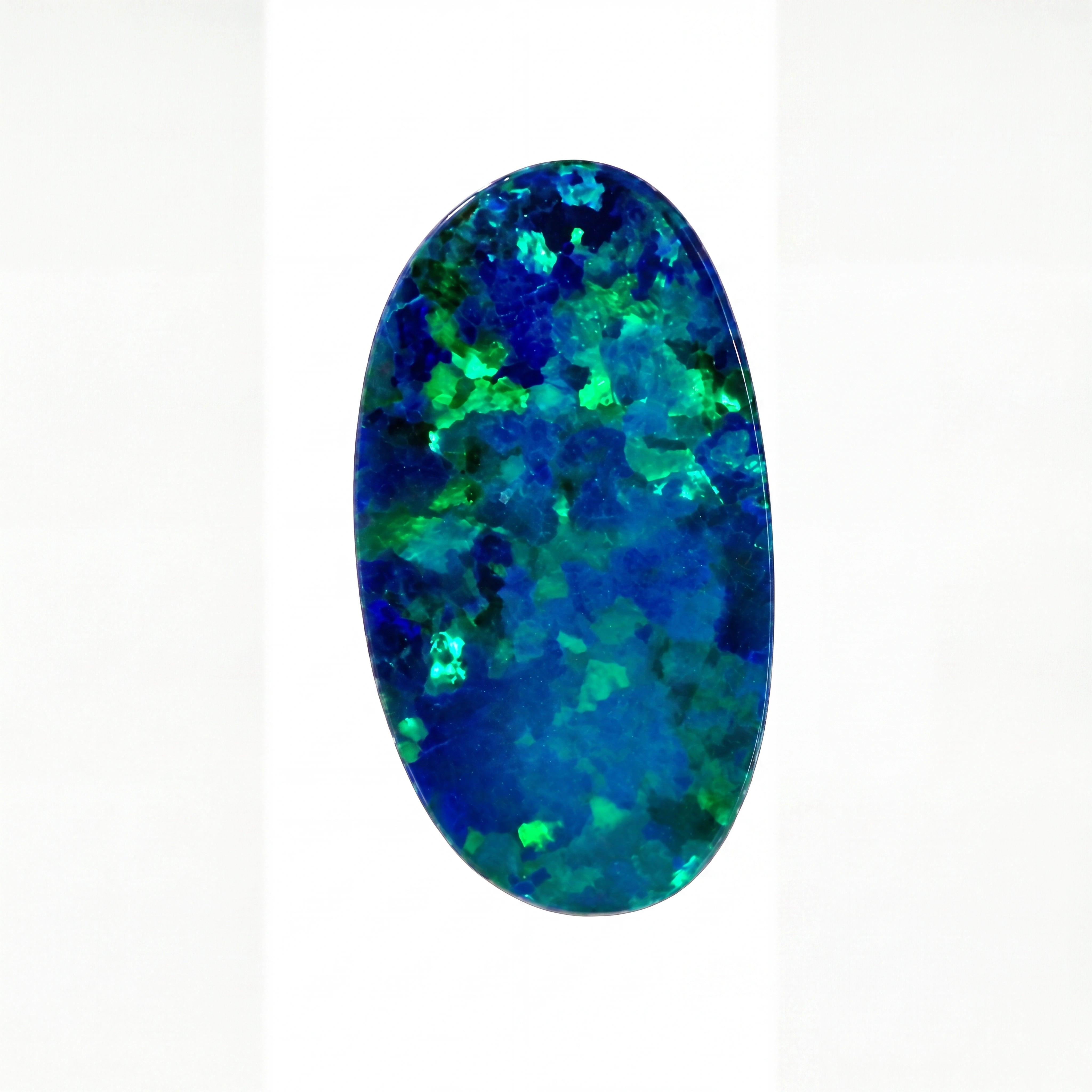 A polished oval-cut opal gemstone displaying vibrant blue and green iridescent play-of-colour, centred on a clean white background.
