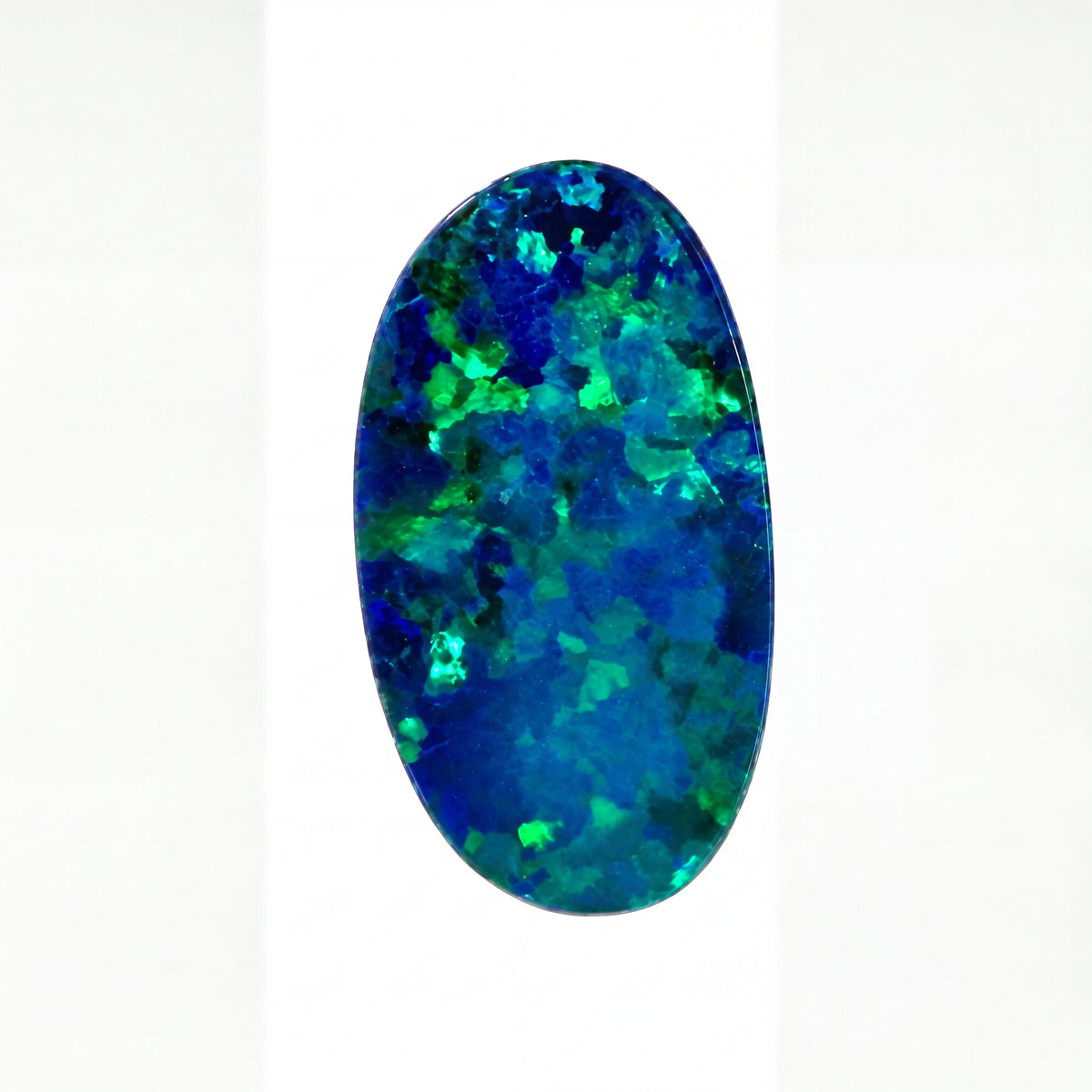 A polished oval-cut opal gemstone displaying vibrant blue and green iridescent play-of-colour, centred on a clean white background.
