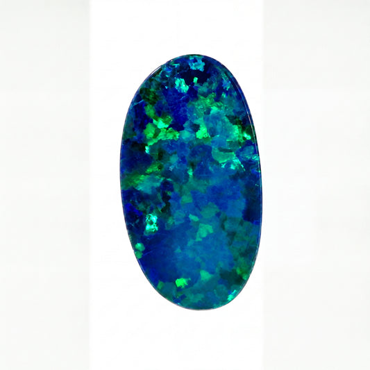 A polished oval-cut opal gemstone displaying vibrant blue and green iridescent play-of-colour, centred on a clean white background.