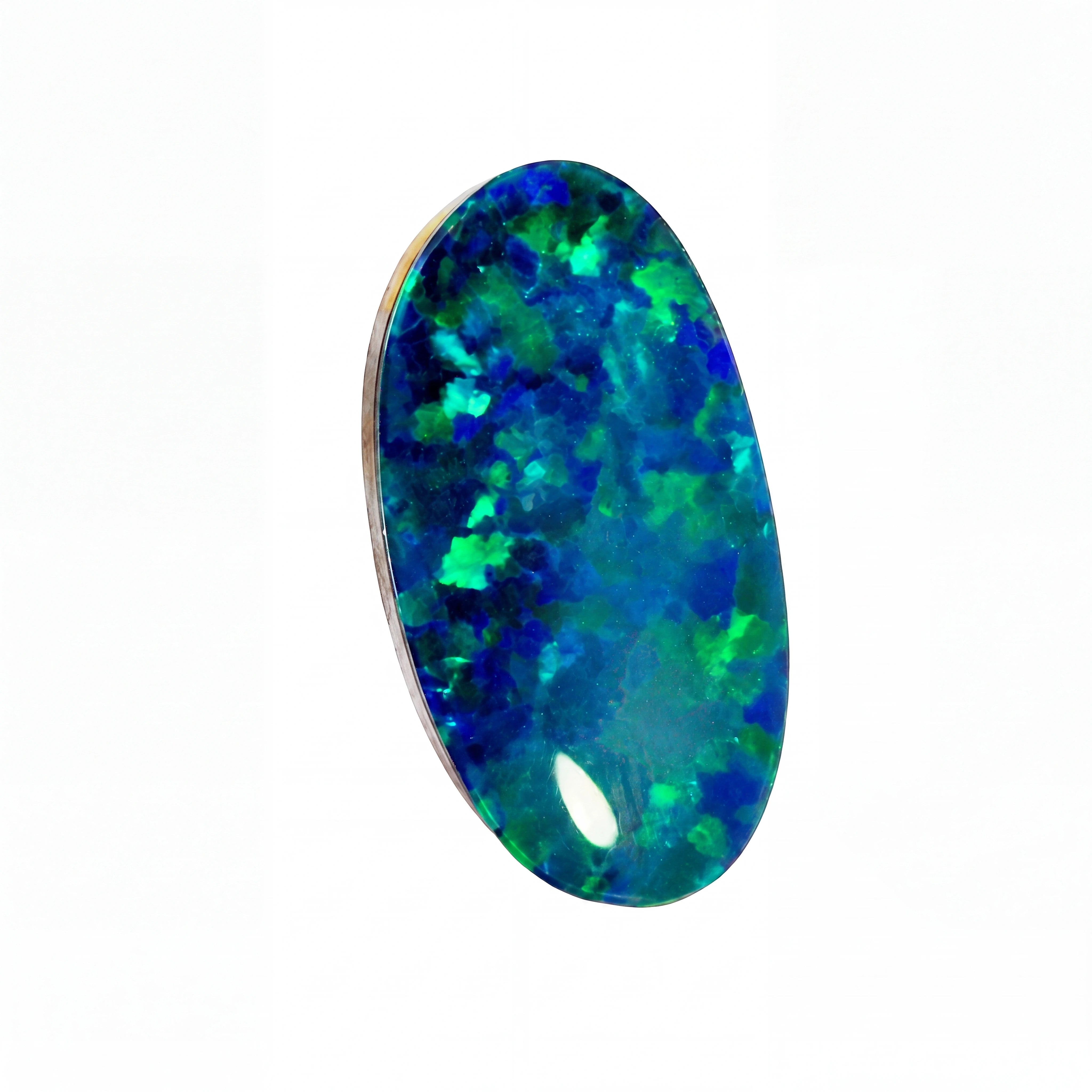 A single oval cabochon gemstone with a vibrant play-of-colour pattern of blue, green, and teal, set in a thin silver-toned metal bezel against a plain white background.