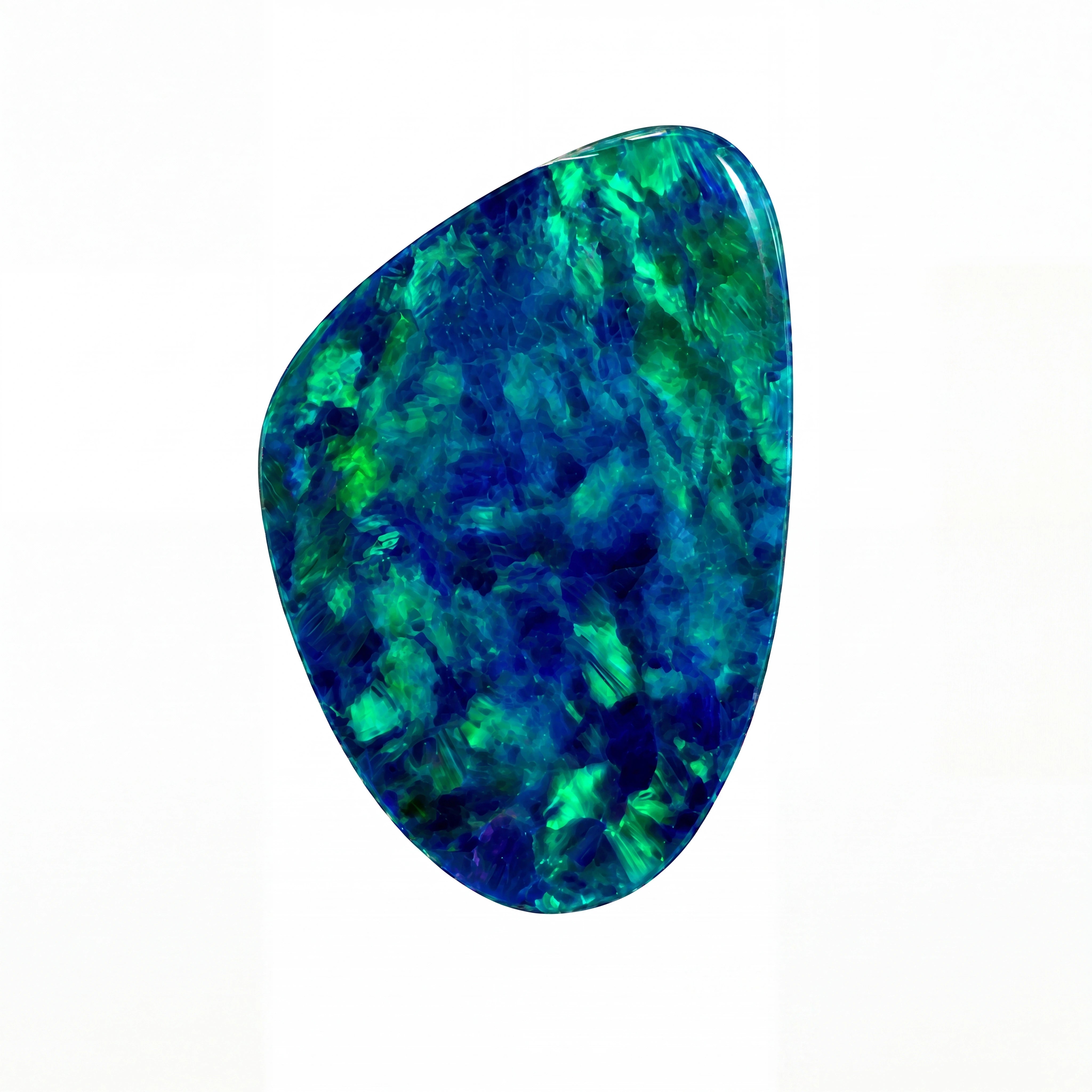 A polished irregular-shaped opal gemstone with vibrant blue and green marbled patterns, shown on a plain white background.
