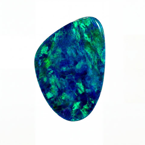 A polished irregular-shaped opal gemstone with vibrant blue and green marbled patterns, shown on a plain white background.