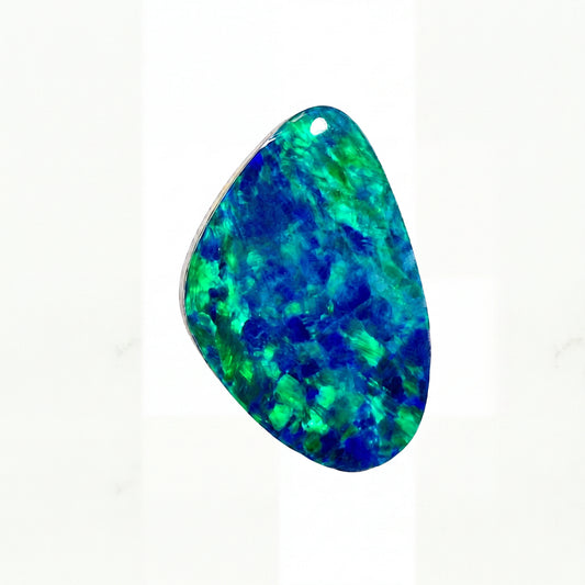 A teardrop-shaped natural opal gemstone pendant with vibrant blue and green iridescent play-of-colour, shown on a clean white background.