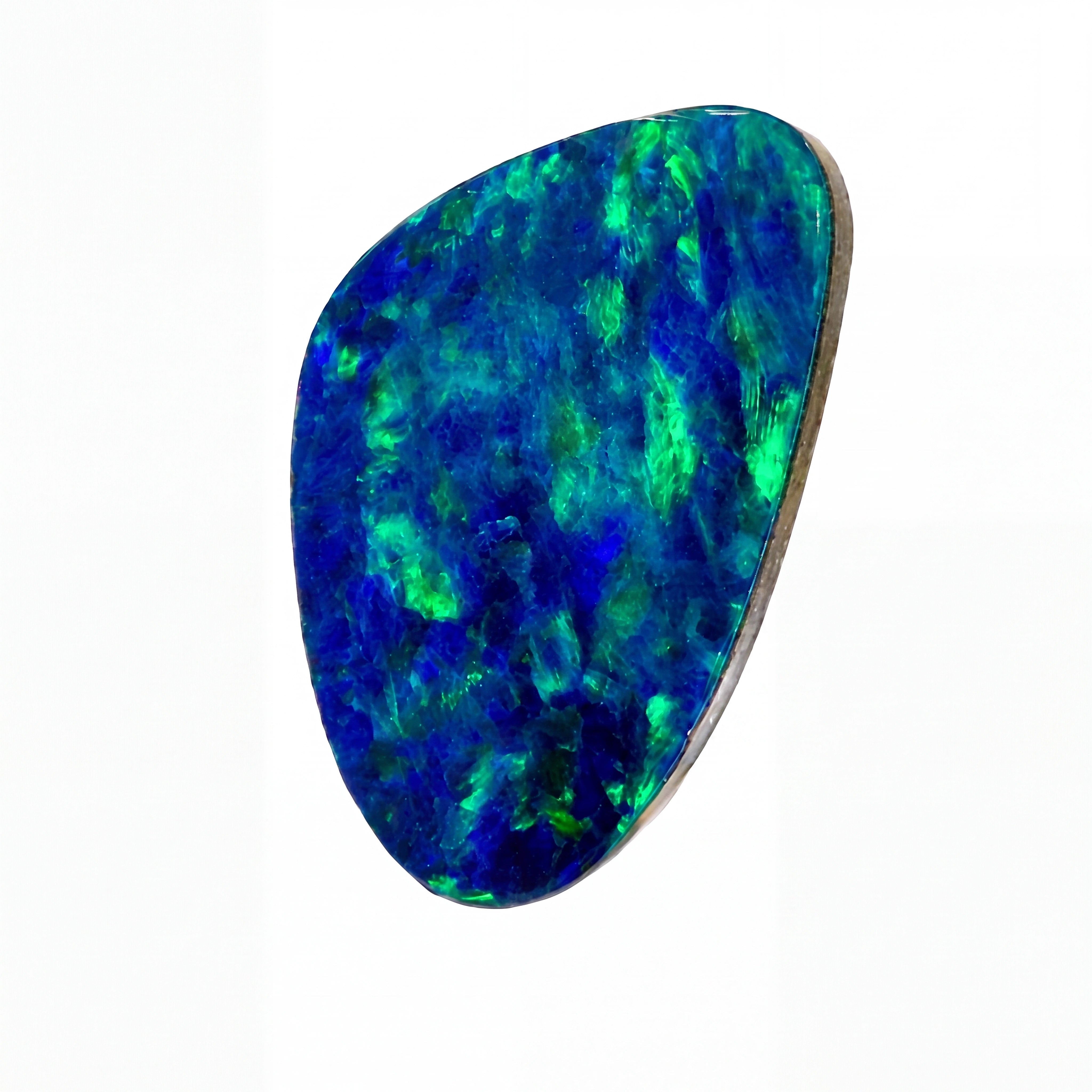 A teardrop-shaped natural opal gemstone with vibrant blue and green iridescent play-of-colour, set in a silver-toned bezel on a plain white background.