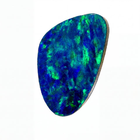 A teardrop-shaped natural opal gemstone with vibrant blue and green iridescent play-of-colour, set in a silver-toned bezel on a plain white background.