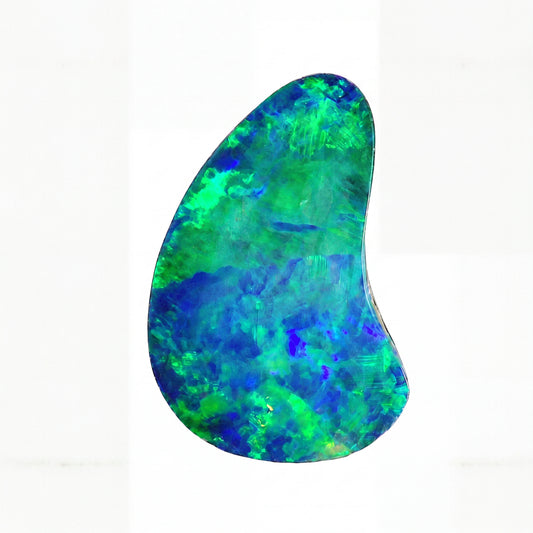 A teardrop-shaped loose opal gemstone with vibrant green, blue, and purple iridescent play-of-colour on a plain white background.