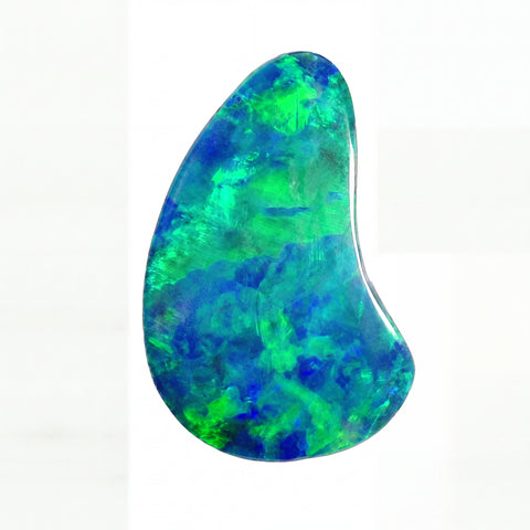 A teardrop-shaped loose opal gemstone with vibrant green, blue, and purple iridescent play-of-colour on a plain white background.