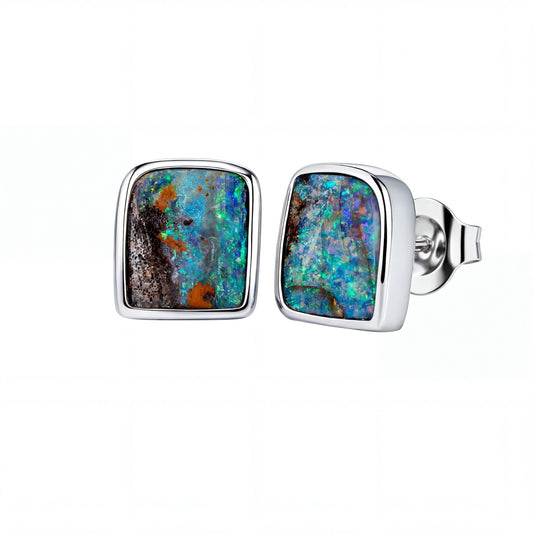 Boulder Opal Earrings in 14K White Gold - Green-Blue