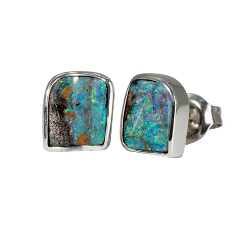 Boulder Opal Earrings in 14K White Gold - Green-Blue