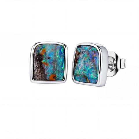 Boulder Opal Earrings in 14K White Gold - Green-Blue - Australian Opal Cutters and Pearl Divers