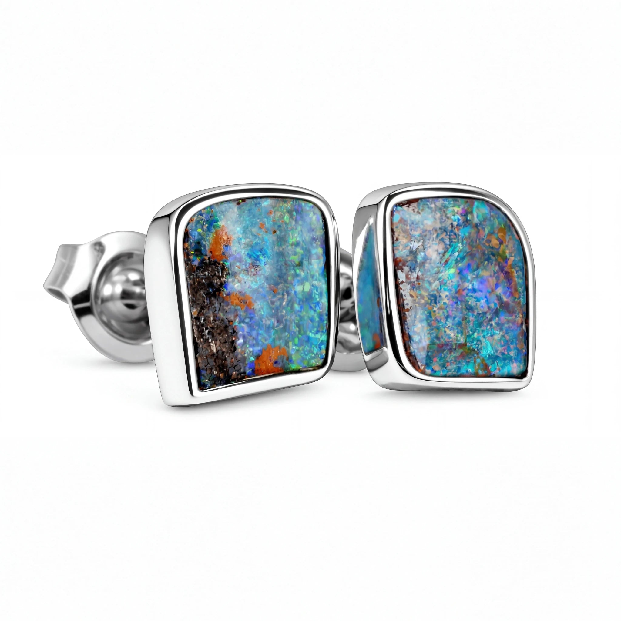 Boulder Opal Earrings in 14K White Gold - Green-Blue - Australian Opal Cutters and Pearl Divers