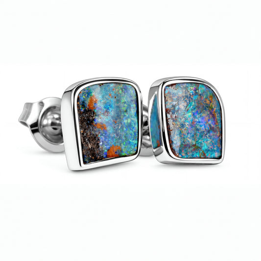 Boulder Opal Earrings in 14K White Gold - Green-Blue