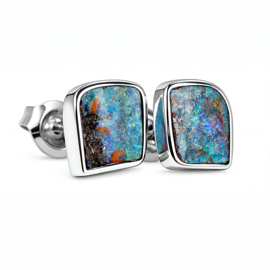 Boulder Opal Earrings in 14K White Gold - Green-Blue - Australian Opal Cutters and Pearl Divers