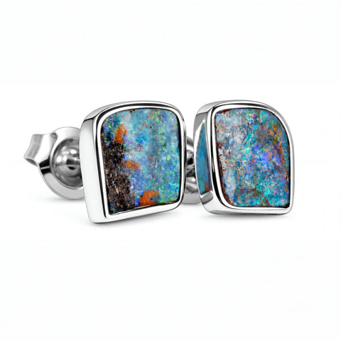 Boulder Opal Earrings in 14K White Gold - Green-Blue - Australian Opal Cutters and Pearl Divers
