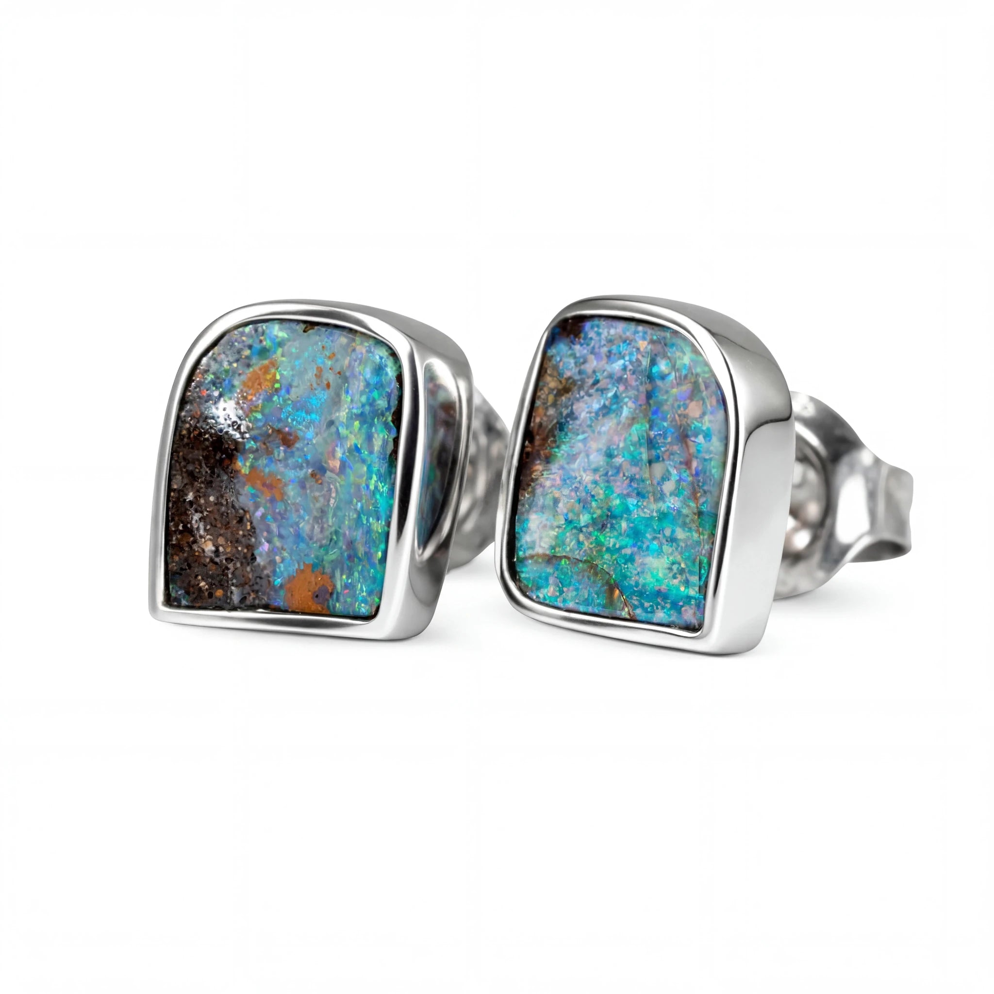 Boulder Opal Earrings in 14K White Gold - Green-Blue - Australian Opal Cutters and Pearl Divers