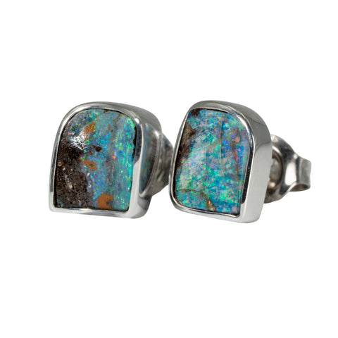 Boulder Opal Earrings in 14K White Gold - Green-Blue