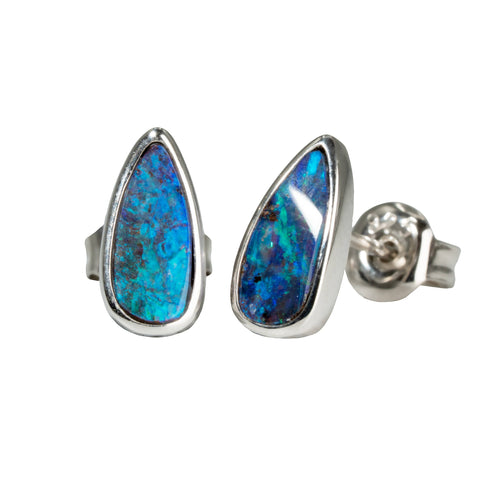 Boulder Opal Earrings in 14K White Gold - Green-Blue