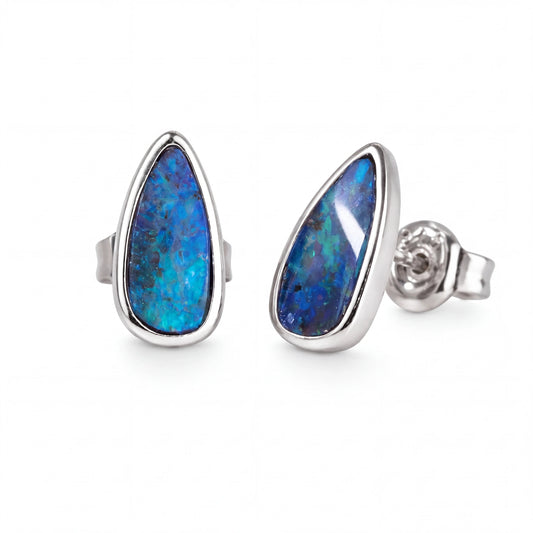 Boulder Opal Earrings in 14K White Gold - Green-Blue - Australian Opal Cutters and Pearl Divers