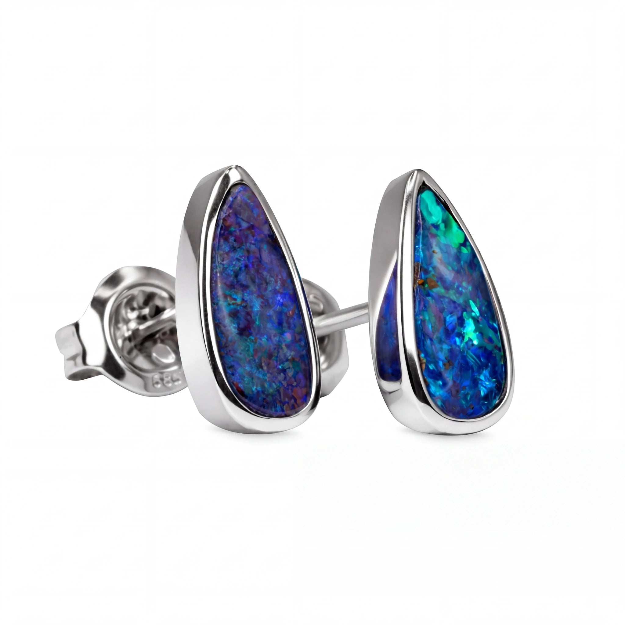 Boulder Opal Earrings in 14K White Gold - Green-Blue - Australian Opal Cutters and Pearl Divers