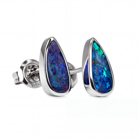 Boulder Opal Earrings in 14K White Gold - Green-Blue