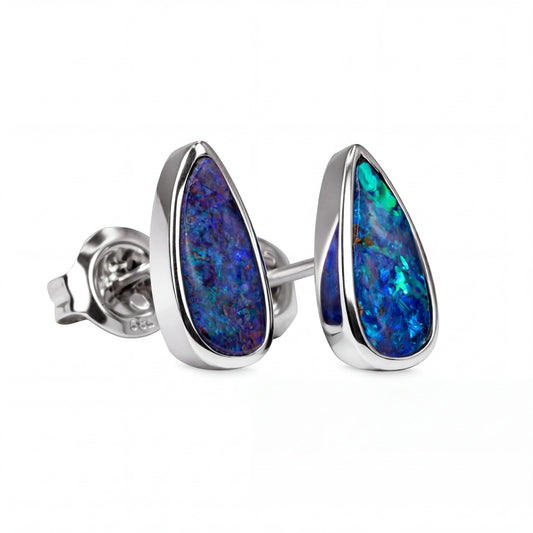 Boulder Opal Earrings in 14K White Gold - Green-Blue - Australian Opal Cutters and Pearl Divers