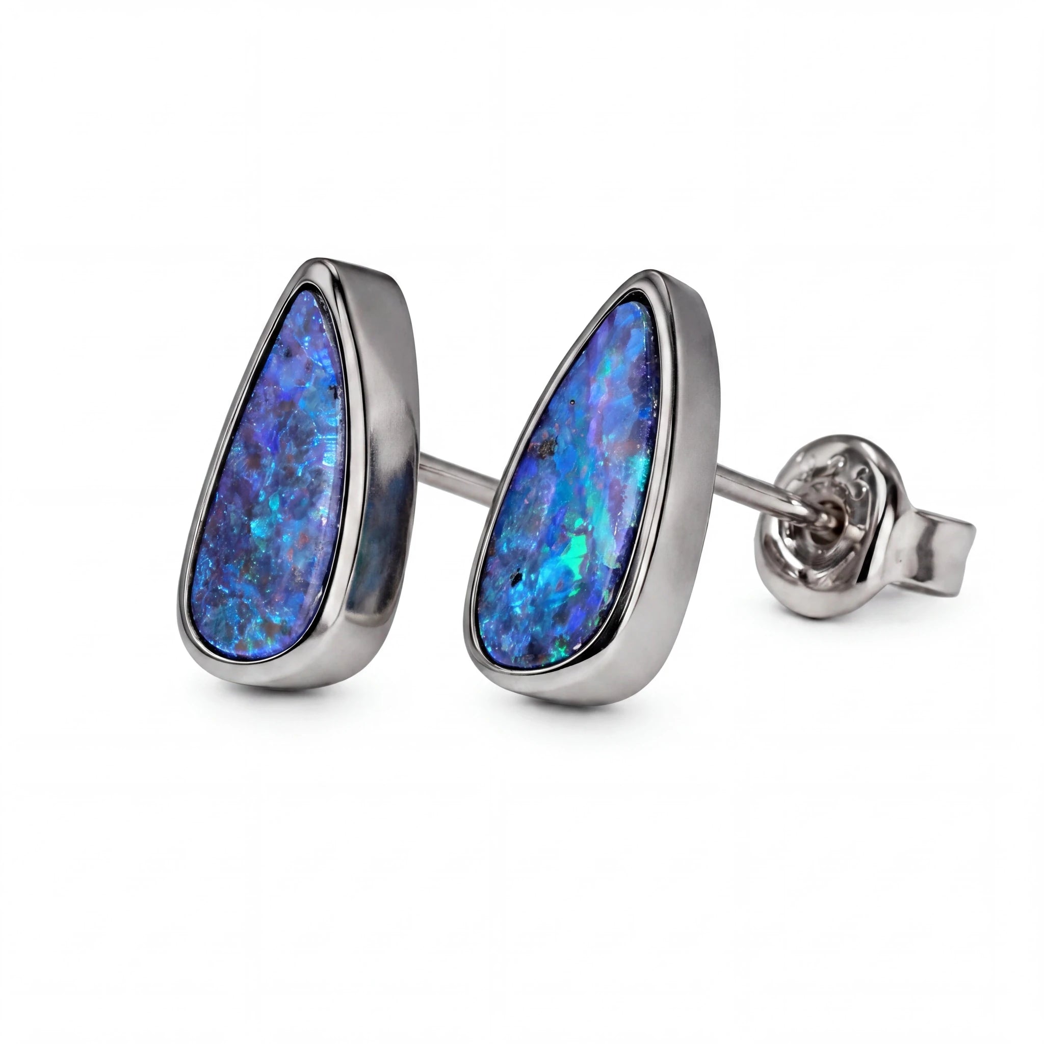 Boulder Opal Earrings in 14K White Gold - Green-Blue - Australian Opal Cutters and Pearl Divers