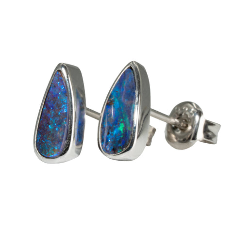 Boulder Opal Earrings in 14K White Gold - Green-Blue