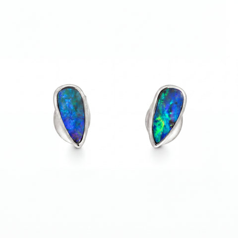 Boulder Opal Earrings in 14K White Gold - Green-Blue