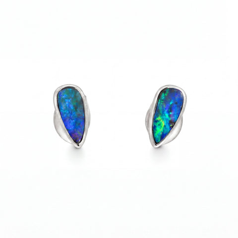 Boulder Opal Earrings in 14K White Gold - Green-Blue - Australian Opal Cutters and Pearl Divers