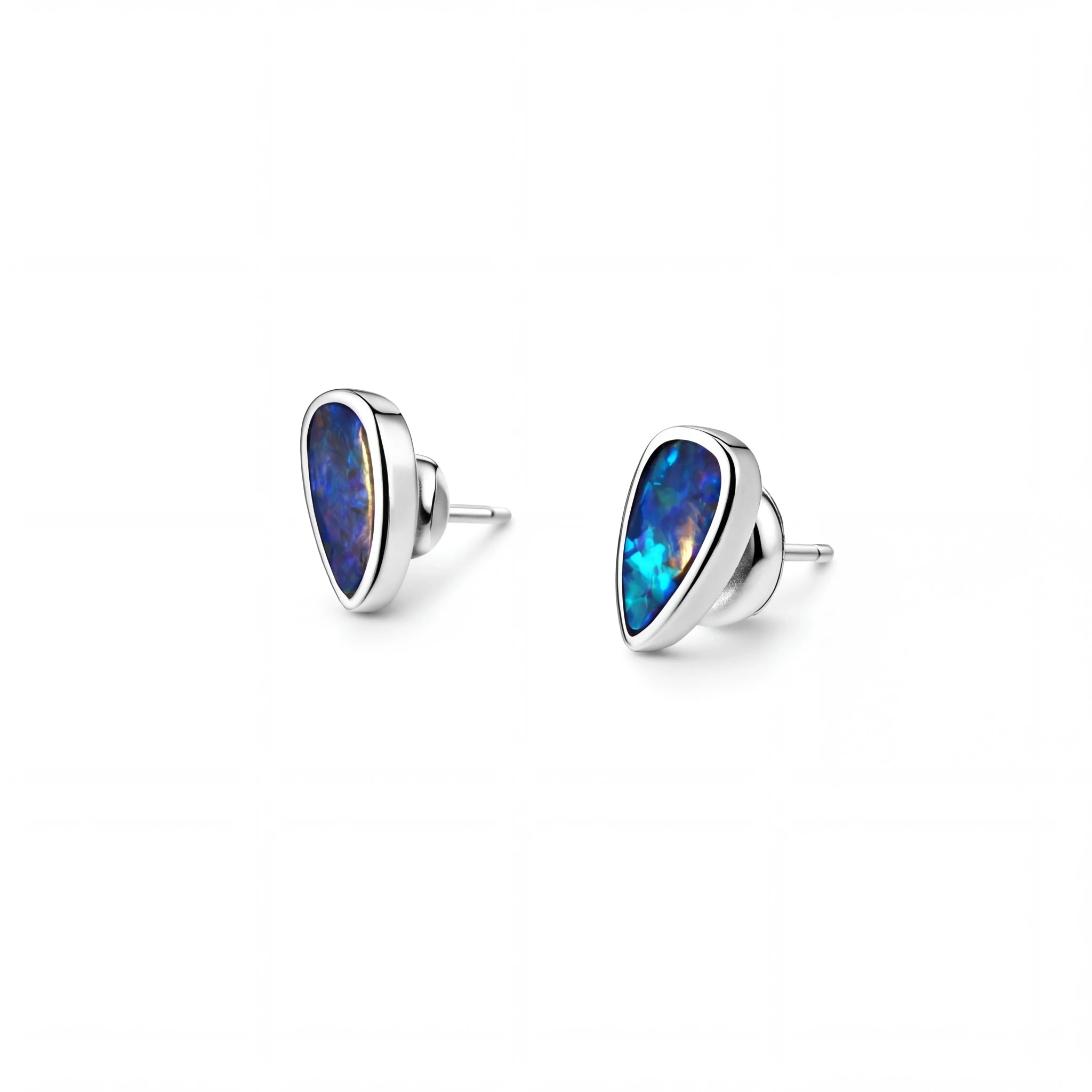 Boulder Opal Earrings in 14K White Gold - Green-Blue - Australian Opal Cutters and Pearl Divers