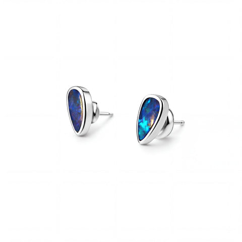 Boulder Opal Earrings in 14K White Gold - Green-Blue - Australian Opal Cutters and Pearl Divers